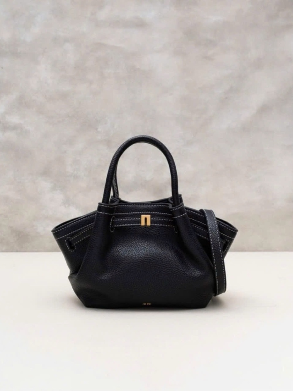Black Leather Top-Handle Tote with Gold Accent
